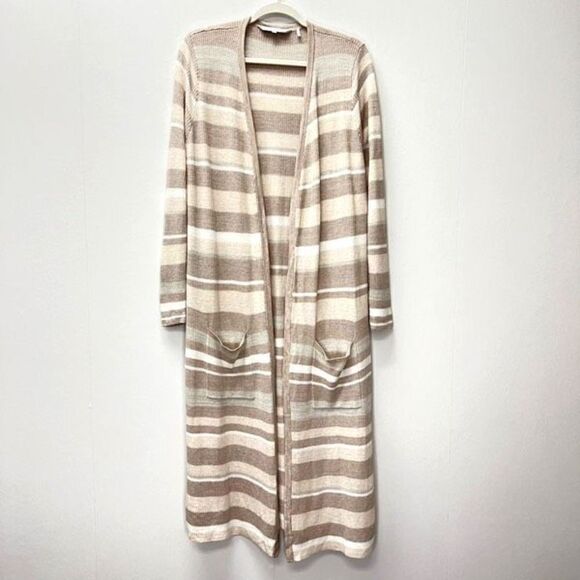 Foxcroft NYC Brown Striped Duster Cardigan Sweater Open Front Long Sleeve Size M - Picture 1 of 8